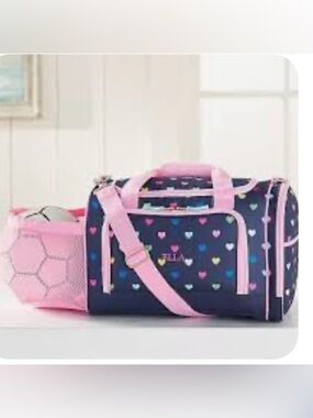 Pottery Barn Kids Mackenzie Navy and multicolored Hearts Sports Duffle Bag